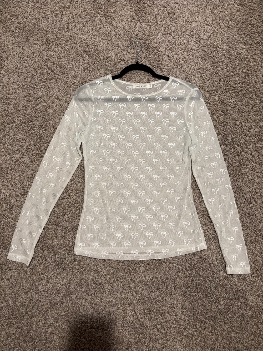White Sheer Bow-Pattern Long Sleeve Top